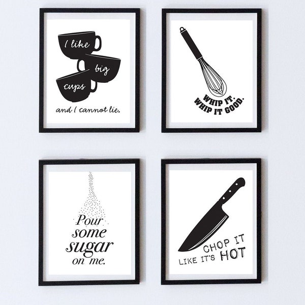 Funny kitchen prints, kitchen art, kitchen wall decor, set of 4