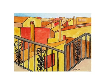 Spanish rooftops, colourful watercolour print