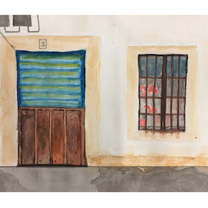 Watercolour print, Spain wall decor, door and window