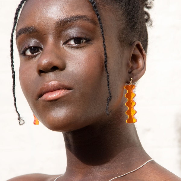 Orange wavy asymmetrical earrings, Etsy Design Awards 2022 Finalist, sustainable statement, recycled acrylic, silver, 14k gold-filled, eco