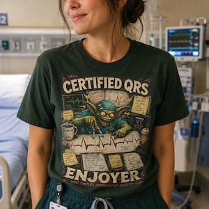 Könnte beinhalten: Dunkelgrünes T-Shirt mit dem Text "CERTIFIED QRS ENJOYER" und einer Cartoon-Illustration eines Goblin-Arztes. Das Shirt zeigt auch medizinische Diagramme und die Worte "WIDE COMPLEX APPRECIATION SOCIETY".