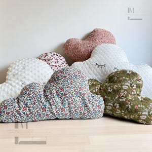 Può includere: Una collezione di cuscini a forma di nuvola in vari modelli floreali e trame. I cuscini presentano colori come bianco, rosa, verde e blu. Alcuni cuscini hanno dettagli trapuntati e occhi ricamati, creando un'estetica morbida e stravagante.