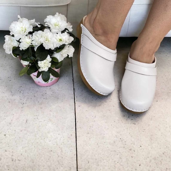 Sabots en bois blanc pour femme - Dos ouvert - CUIR blanc - Chaussures à talons bas pour femme, sandales et mocassins