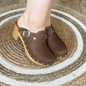 Pastel Brown Swedish Clogs Real Leather Linden Wood Sandal Clog Stylish High heel Moccasins Women Gift Pastel
