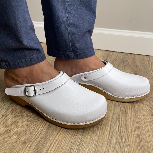 White WOODEN Man's CLOGS Natural Nubuck Leather, Linden Wood Swedish clogs, to the hospital