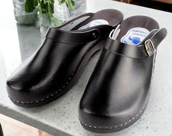 Black WOODEN Man's CLOGS Natural Leather, Linden Wood