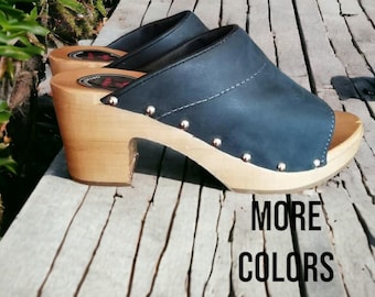 Gray Leather Heeled Clogs, Swedish Linden Wood Sandals