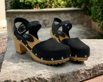 Womens Leather High Heel Clogs Open Wooden Shoes Sandals Black Wooden Sandals Handmade Clogs Closed toes Wooden Clogs