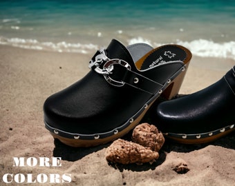 Sabots élégants en cuir pour femmes fabriqués à la main avec boucle - Blanc et noir - Design unique Chaussures confortables Chaussures faites main de qualité supérieure
