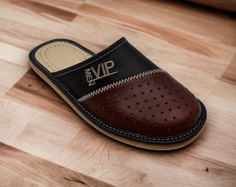 VIP Embroidered Gift: Stylish Men's Handmade Leather Slippers - Profiled Home Shoes for Comfort and Style