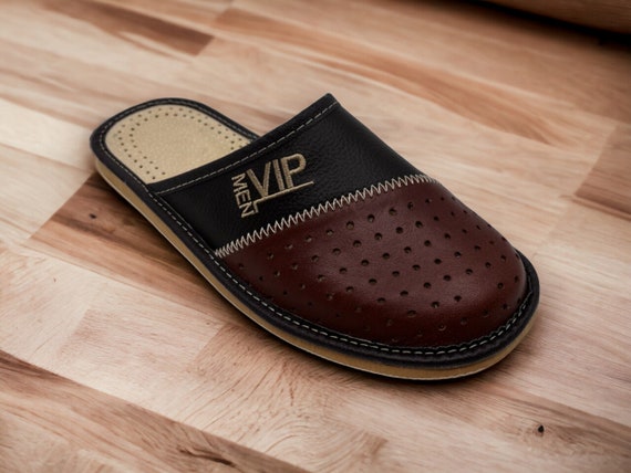 Handmade Leather Men's Slippers: Embroidered VIP, Comfortable Home Shoes