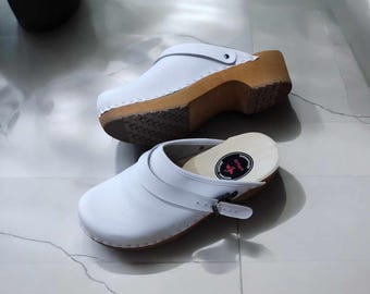 White Leather Wooden Clogs for Men - Comfortable Handmade Swedish-Style Sandals with Adjustable Strap Black Men's Clogs