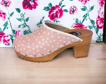 Polka Dot High Heel Clogs - Pink Leather, Scandinavian Style
