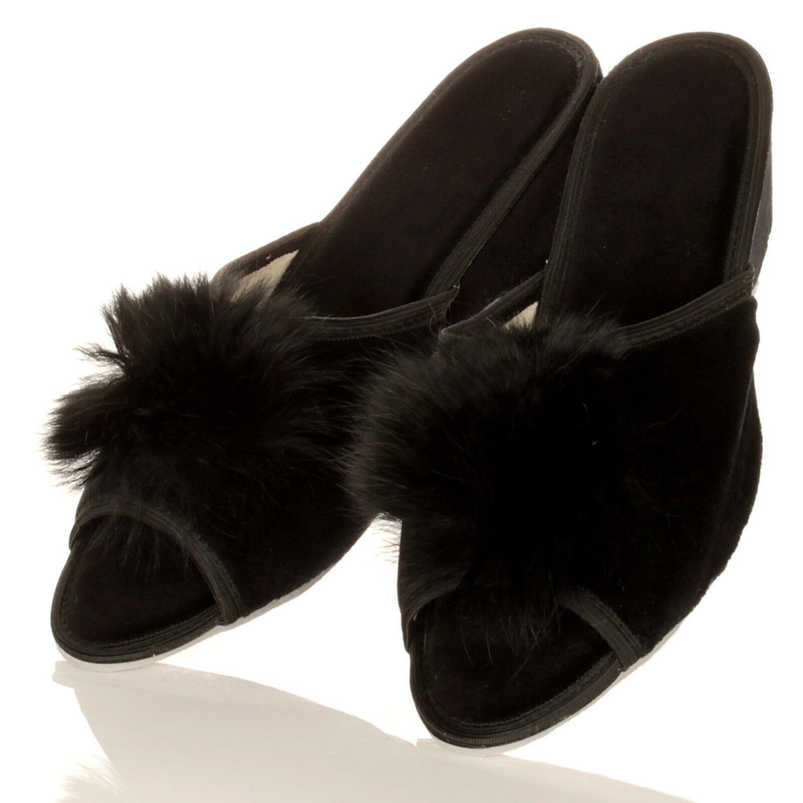 BLACK Women's terry cloth slippers with pom poms Etsy