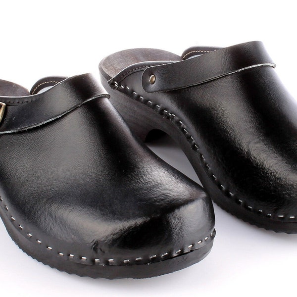 Black WOODEN Man's CLOGS Natural Leather, Linden Wood