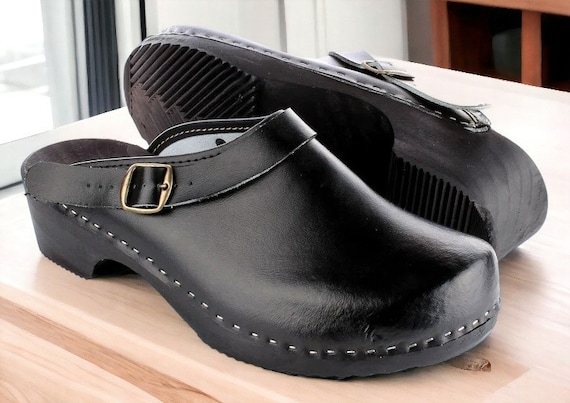 Men s Black Wooden Clogs Handmade Natural Leather Footwear Comfortable Durable Orthopedic Shoes Classic Style Sizes 40 46 Etsy