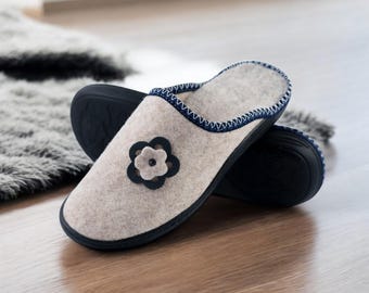 Handmade Felt Slippers with Floral Embroidery, Women's House Shoes