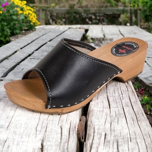 Beautiful Clogs Sandals Swedish Clogs Elegant Ladies Leather Wood Clogs Black Elegant Clogs, Swedish Clogs, women&#39;s shoes