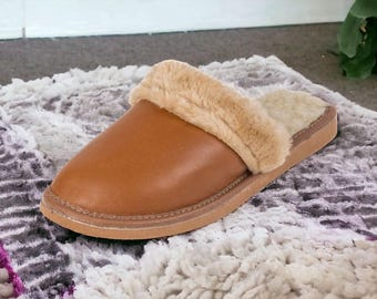 Handmade Sheepskin-Lined Leather Slippers – Women's Cozy House Shoes