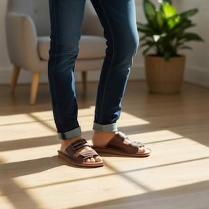 May include: Dark blue denim jeans with cuffed hems paired with brown leather slide sandals. The sandals feature two wide straps across the top of the foot with visible stitching details and a flat sole design, worn with cuffed blue denim jeans.