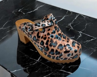Handmade Panther Print Wooden Clogs, Leather High Heel Sandals