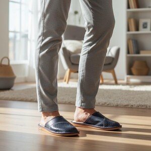 以下が含まれることがあります： パンチング加工が施されたダークネイビーのレザー製スリッパ。丸みを帯びたトゥとフラットなタンカラーのソールが特徴です。グレーのパンツと合わせて着用されており、甲部分に縫い目が見えるスリッポンタイプです。