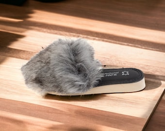 Grey Fur Slippers, Fluffy Sandals instagram Slippers Hot Sandals For Woman Large Puffs Pom Pom
