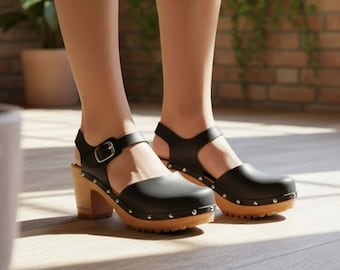 Womens Leather High Heel Clogs, Handmade Wooden Sandals