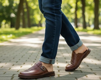 Handmade Leather Clogs for Men, Adjustable Heel Strap