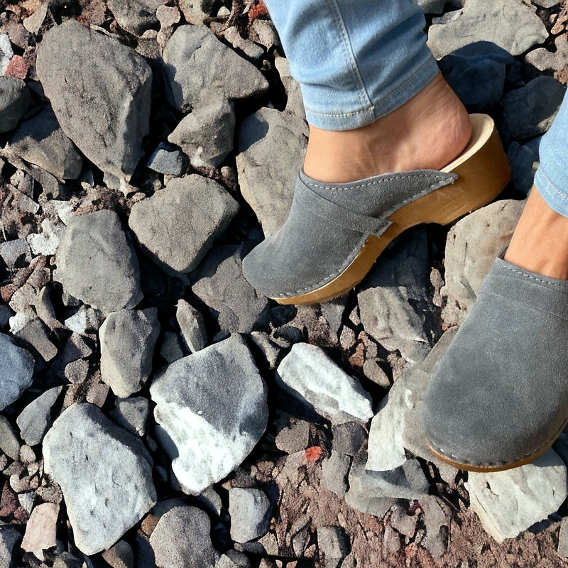 suede slip on clogs