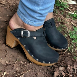 Gray Swedish Clogs Real Leather Linden Wood Sandal Clog Stylish High heel Moccasins Women Gift