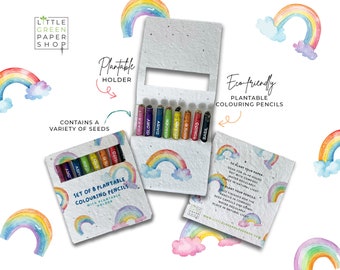May include: A set of 8 plantable colouring pencils in a rainbow design with a plantable paper holder. The holder has a rainbow and clouds design and the text "Plantable Holder" and "Contains a variety of seeds". The pencils are labelled with the names of herbs and vegetables, including "Carrot", "Glory", "Daisy", "Mander", "Tomato", and "Basil". The back of the holder has instructions on how to plant the paper and the pencils. The text on the back of the holder says "Eco-friendly Plantable Colouring Pencils" and "To plant your paper, soak for 24-48 hours, pot with compost, water with regular light, place in natural light."