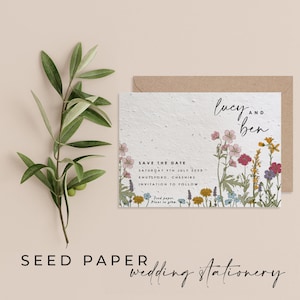 TARJETA DE INVITACIÓN, Papel de semilla PLANTABLE, Save The Date Invite, Invitación de boda Tarjetas de papel de semilla de flor silvestre con sobres, Biodegradable