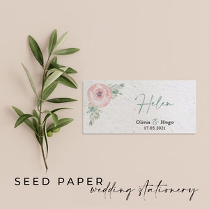 PAPIER DE SEMENCES à planter Respectueux de l'environnement Durable Biodégradable Carte de place pour fête de mariage Nom de lieu - Roses
