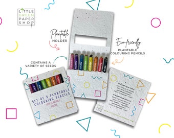 May include: Set of 8 plantable colouring pencils in a cardboard holder. The pencils are labelled with the names of herbs and flowers. The holder is made of recycled paper and can be planted to grow a variety of seeds. Eco-friendly plantable colouring pencils.