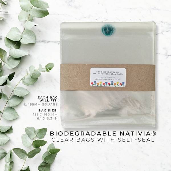 Biodegradable NATIVIA cello bags self seal Eco-friendly starch cellophane presentation self glue gift clear to fit 1xSQ 155mm 50 100 250 500