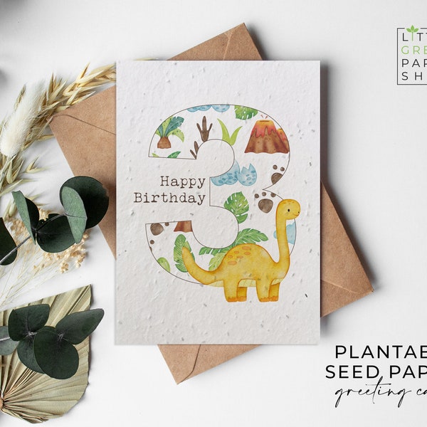 Plantable Flower Seed Paper Cards A6 - Birthday Dinosaurs 3 - Birthday, Kids, Boys, Friends, Greeting,Gardening, Eco-friendly, Biodegradable