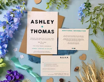 Plantable Wedding Invitations | Seed Paper Wedding Invites with Envelopes | Eco Friendly Biodegradable Stationery | Letterpress
