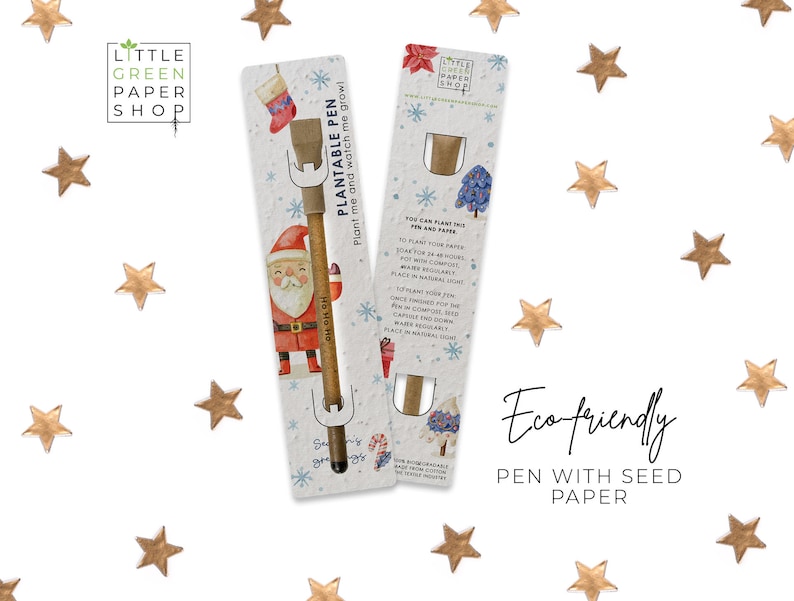 May include: A Christmas-themed plantable pen with a Santa Claus illustration. The pen is made of seed paper and can be planted to grow a small plant. The packaging includes instructions on how to plant the pen. The text on the packaging reads "Plantable Pen, Plant me and watch me grow!" and "You can plant this pen and paper".