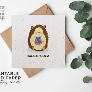 Papier de graines de FLEURS, cartes de papier de graines, carte de graines imprimées, cadeau de jardinage écologique - Hérisson joyeux anniversaire