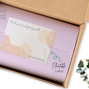 Feuilles de compliments en papier de semences à planter pour les entreprises Matériel de marketing - A6 ou A7 Respectueux de l'environnement Squiggles - Merci pour le shopping Petit design.