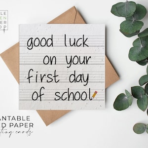Fleurs en papier semences, cartes en papier semences, carte imprimée pour semences, cadeau jardinage respectueux de l'environnement - lignes d'écriture - bonne chance pour la première journée d'école