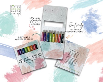 May include: A set of 8 plantable colouring pencils in a cardboard box with a plantable holder. The pencils are labelled with the names of different plants, including carrot, glory, daisy, mander, tomato, and basil. The box is decorated with a pink and green watercolour design. The text on the box reads "Set of 8 Plantable Colouring Pencils with Plantable Holder".