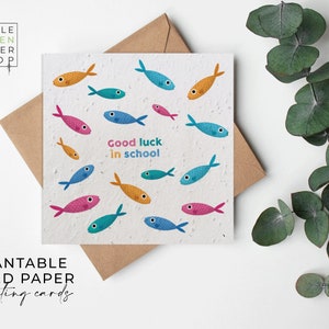 Papier de graines de FLEURS, cartes de papier de graines, carte plantable de fleurs sauvages, carte de graines imprimées, cadeau de jardinage écologique - Bonne chance dans les poissons d’école