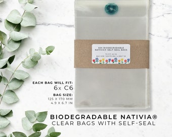 Biodegradable NATIVIA cello bags self seal- Eco-friendly starch cellophane presentation self glue gift clear to fit 6xC6 50 100 250 500 1000