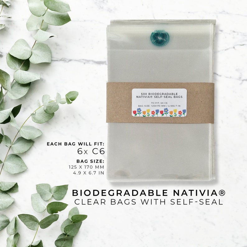 Puede incluir: Un paquete de 50 bolsas transparentes, biodegradables y autosellables con una etiqueta marr&oacute;n que dice "50x Biodegradables Nativa Bolsas Autosellables" y "Para adaptarse a 6x C6 Tama&ntilde;o de la bolsa: 125x170 mm / 4.9 x 6.7 in". La etiqueta tambi&eacute;n tiene un peque&ntilde;o dise&ntilde;o floral. El texto "Biodegradable Nativa&reg; Bolsas Transparentes con Autosellado" est&aacute; impreso debajo de la pila de bolsas.