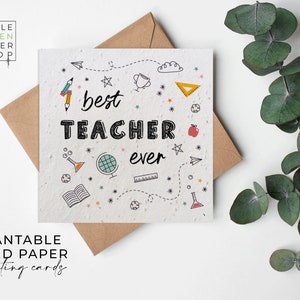Fleurs en papier graine, cartes en papier graine, carte imprimée pour graines, cadeau jardinage respectueux de l'environnement - croquis pour la classe - meilleur professeur de tous les temps