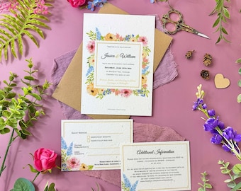 Plantable Wedding Invitations | Seed Paper Wedding Invites with Envelopes | Eco Friendly Biodegradable Stationery | Summer Blooms