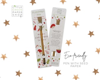 PEN PLANTABLE-Pluma ecológica con semillas, relleno de bolsas de fiesta, planta después de su uso, cultivo de flores silvestres, regalo de Navidad ecológico- Comer, beber y ser feliz