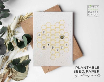 Plantable Flower Seed Paper Cards A6 - Bee Happy - Birthday, Feel Good, Bees, Friends, Greeting,Gardening, Eco-friendly,Biodegradable